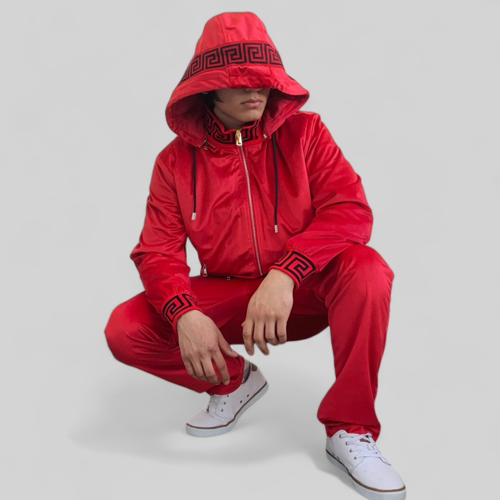 Men’s Manzini Red | Black Velvet Hooded Casual Tracksuit NWT